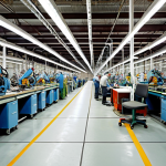 A split image depicting a large Russian industrial factory before and after optimization by industrial engineers. On one side, show a somewhat chaotic and cluttered production floor with older machinery, inefficient workflows, and possibly stressed workers. On the other side, show a streamlined, highly efficient, and modernized factory floor, with clearly organized workstations, optimized material flow (perhaps represented by subtle guiding lines or lights), and engaged, focused Russian workers. The overall aesthetic should convey a transition from traditional struggle to modern, lean productivity, highlighting the "invisible threads" of success that connect processes.