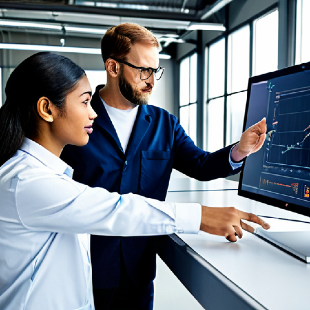 A diverse team of professional engineers and data analysts, all fully clothed in modest industrial business casual attire, collaboratively examining data on a large digital dashboard in a clean, modern factory setting with advanced machinery. The scene is well-lit, showing perfect anatomy, correct proportions, natural poses, well-formed hands, and proper finger count. This is a high-quality, professional photograph, safe for work and appropriate content, showcasing professional dress and natural body proportions.