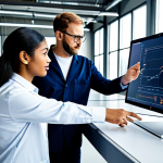 A diverse team of professional engineers and data analysts, all fully clothed in modest industrial business casual attire, collaboratively examining data on a large digital dashboard in a clean, modern factory setting with advanced machinery. The scene is well-lit, showing perfect anatomy, correct proportions, natural poses, well-formed hands, and proper finger count. This is a high-quality, professional photograph, safe for work and appropriate content, showcasing professional dress and natural body proportions.