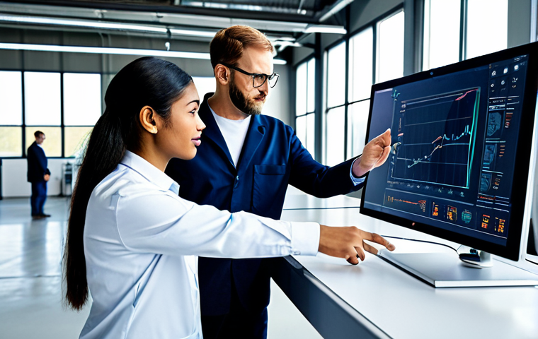 A diverse team of professional engineers and data analysts, all fully clothed in modest industrial business casual attire, collaboratively examining data on a large digital dashboard in a clean, modern factory setting with advanced machinery. The scene is well-lit, showing perfect anatomy, correct proportions, natural poses, well-formed hands, and proper finger count. This is a high-quality, professional photograph, safe for work and appropriate content, showcasing professional dress and natural body proportions.
