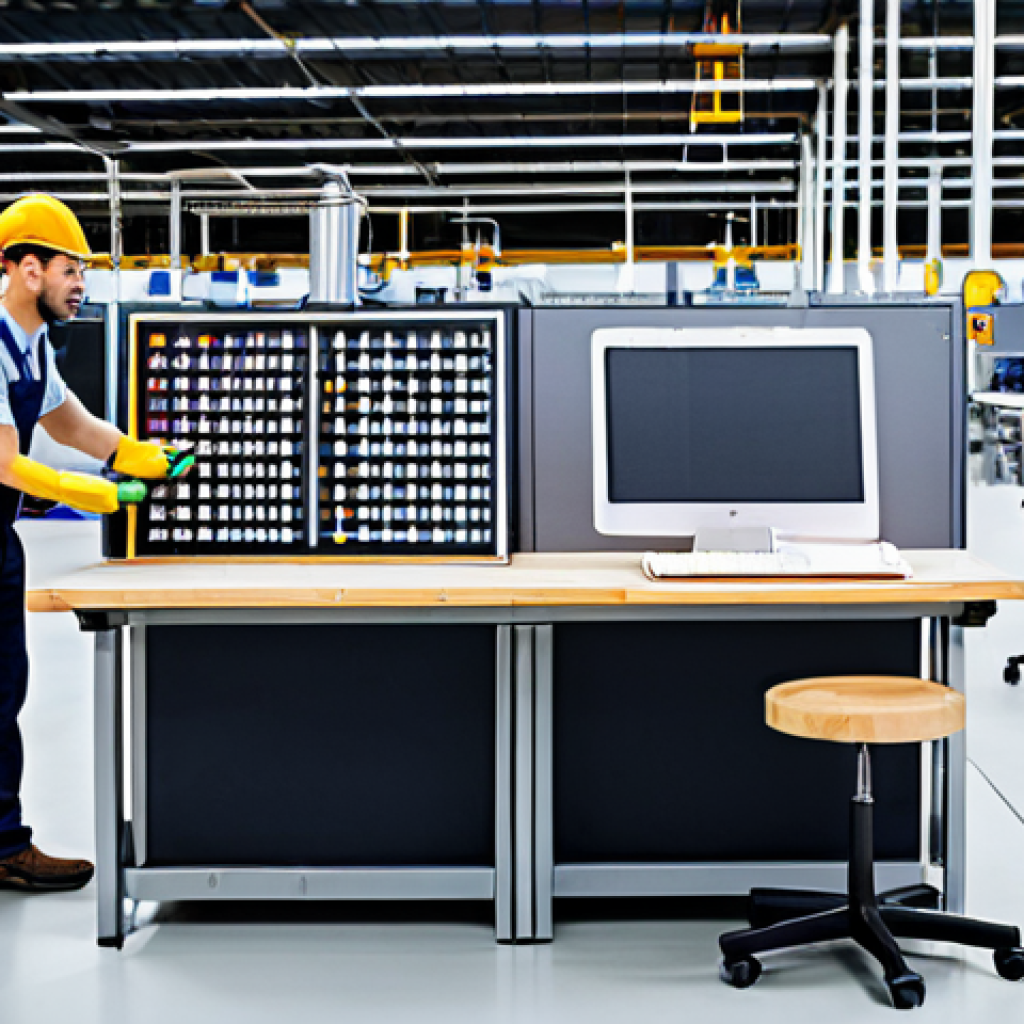 Lean Manufacturing & Ergonomics in a Factory**

"A bright, modern factory floor showing workers implementing lean manufacturing principles to improve safety.  One worker adjusts an ergonomic chair at a workstation with adjustable height.  Another worker uses a visual management board for inventory control.  The scene is clean, organized, and well-lit.  Everyone is fully clothed in appropriate work attire.  Perfect anatomy, correct proportions, natural pose. Safe for work, appropriate content, professional, family-friendly."

**