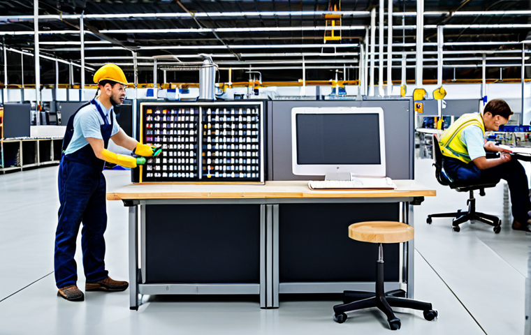 Lean Manufacturing & Ergonomics in a Factory**

"A bright, modern factory floor showing workers implementing lean manufacturing principles to improve safety.  One worker adjusts an ergonomic chair at a workstation with adjustable height.  Another worker uses a visual management board for inventory control.  The scene is clean, organized, and well-lit.  Everyone is fully clothed in appropriate work attire.  Perfect anatomy, correct proportions, natural pose. Safe for work, appropriate content, professional, family-friendly."

**