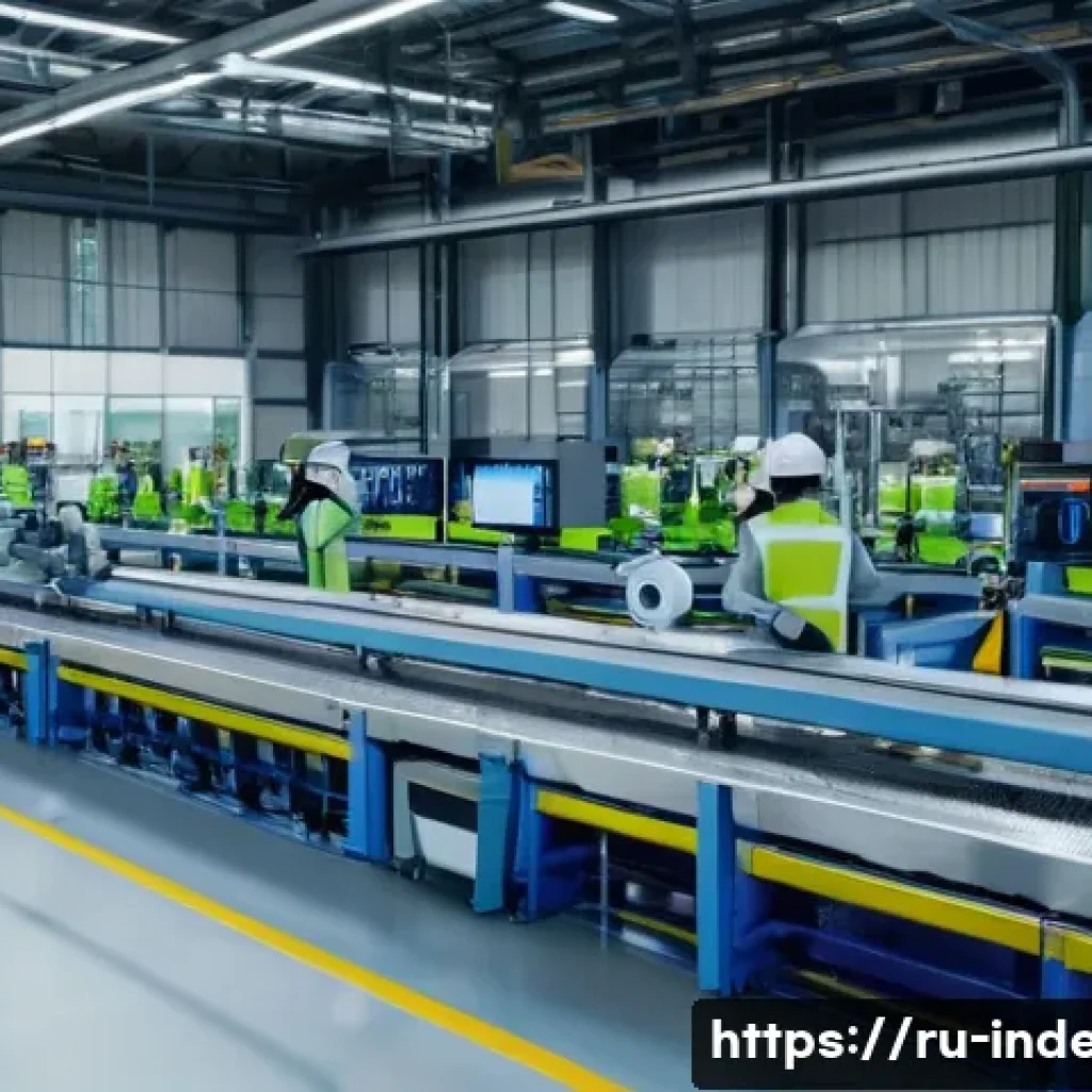 산업공학과 시스템 공학 - A modern industrial factory interior showing an advanced automated production line with collaborativ...
