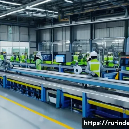 Home 32 산업공학과 시스템 공학 - A modern industrial factory interior showing an advanced automated production line with collaborativ...
