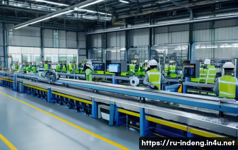 산업공학과 시스템 공학 - A modern industrial factory interior showing an advanced automated production line with collaborativ...
