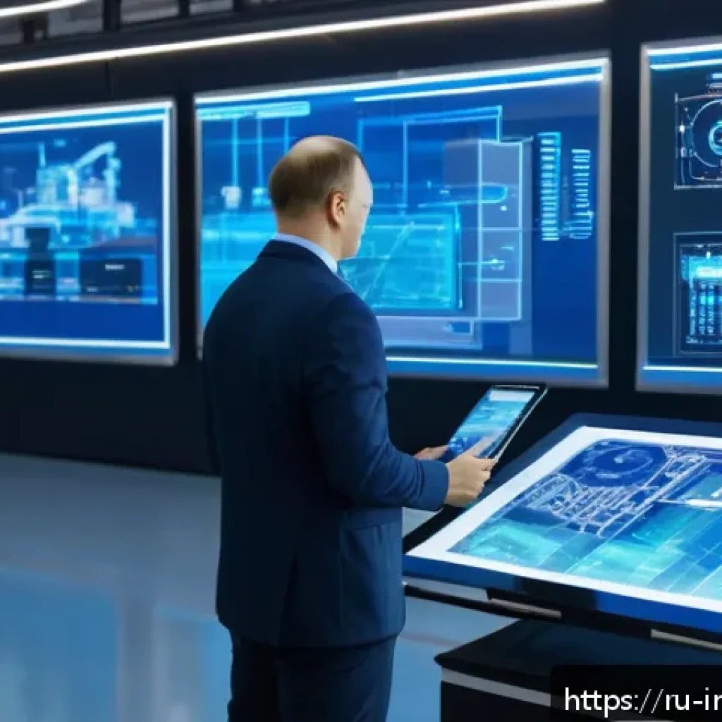 산업공학 시뮬레이션 - A high-tech Russian manufacturing plant interior showcasing digital twin technology in action: multi...