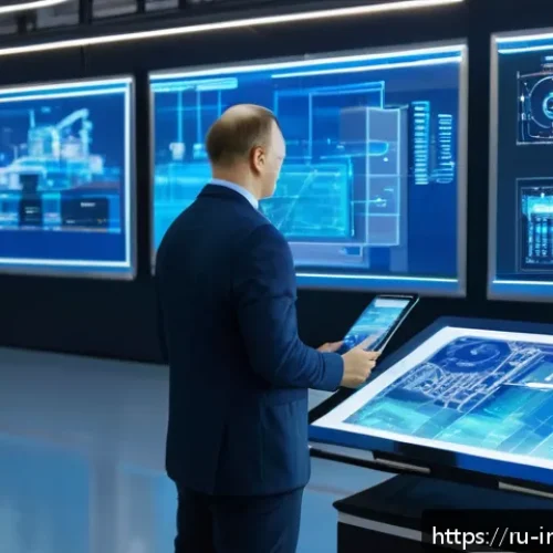 Home 30 산업공학 시뮬레이션 - A high-tech Russian manufacturing plant interior showcasing digital twin technology in action: multi...