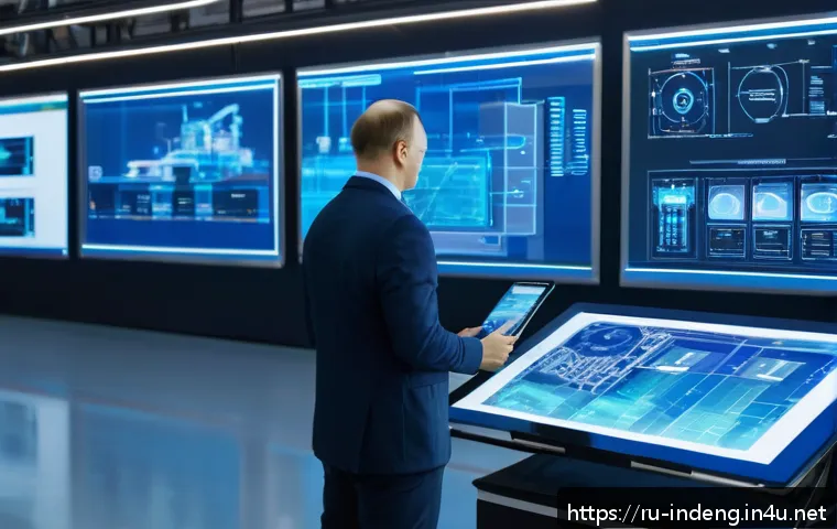 산업공학 시뮬레이션 - A high-tech Russian manufacturing plant interior showcasing digital twin technology in action: multi...