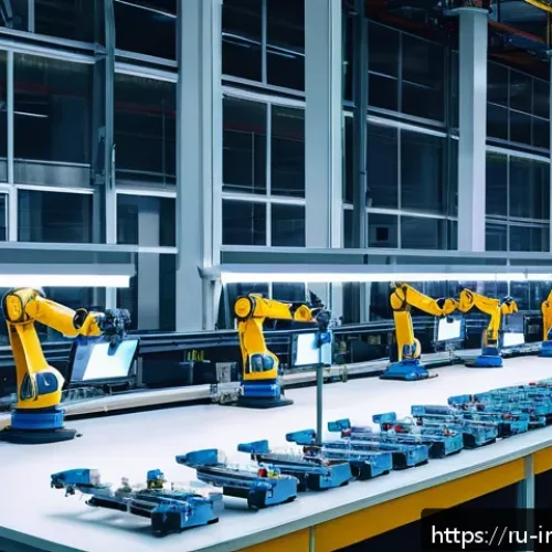 Home 17 산업공학과 자동화 로봇 - A modern Russian manufacturing plant interior showcasing advanced automation technology: robotic arm...