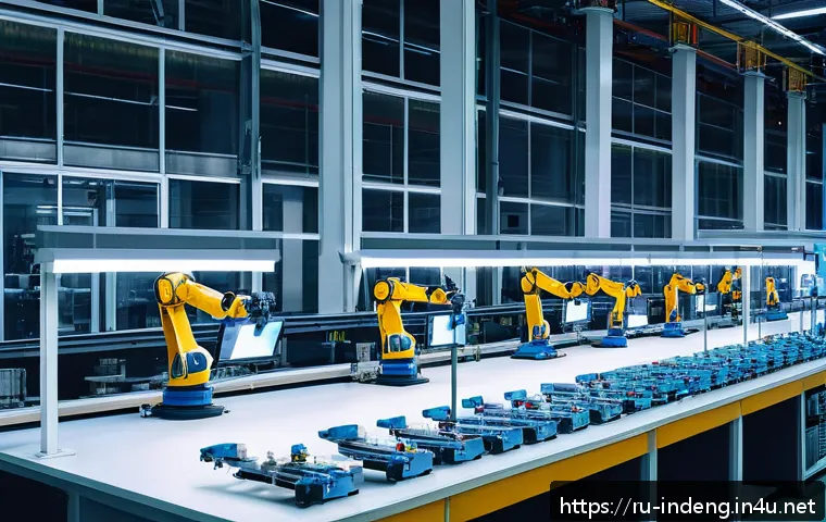 산업공학과 자동화 로봇 - A modern Russian manufacturing plant interior showcasing advanced automation technology: robotic arm...