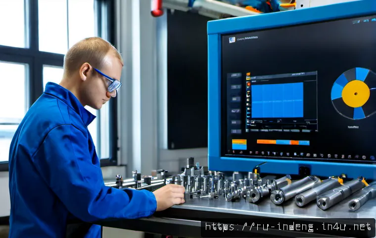 산업공학 CAD CAM 활용 - Photorealistic industrial engineering workspace in a modern Russian manufacturing facility, a focuse...