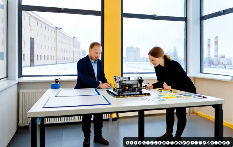 Home 17 산업공학에서의 창의적 문제 해결 - Photorealistic industrial engineering team in a modern Moscow manufacturing innovation lab, diverse ...